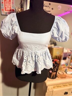 Altar'd State Light Blue Eyelet Peplum Puff Sleeve Top-XS